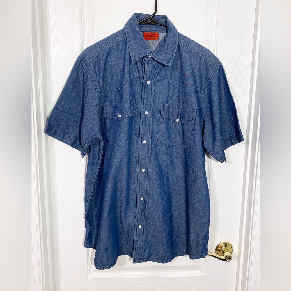 Y2K VTG Big Rock Canyon Western Pearl Snap Denim Short Sleeve Shirt Men’s Large